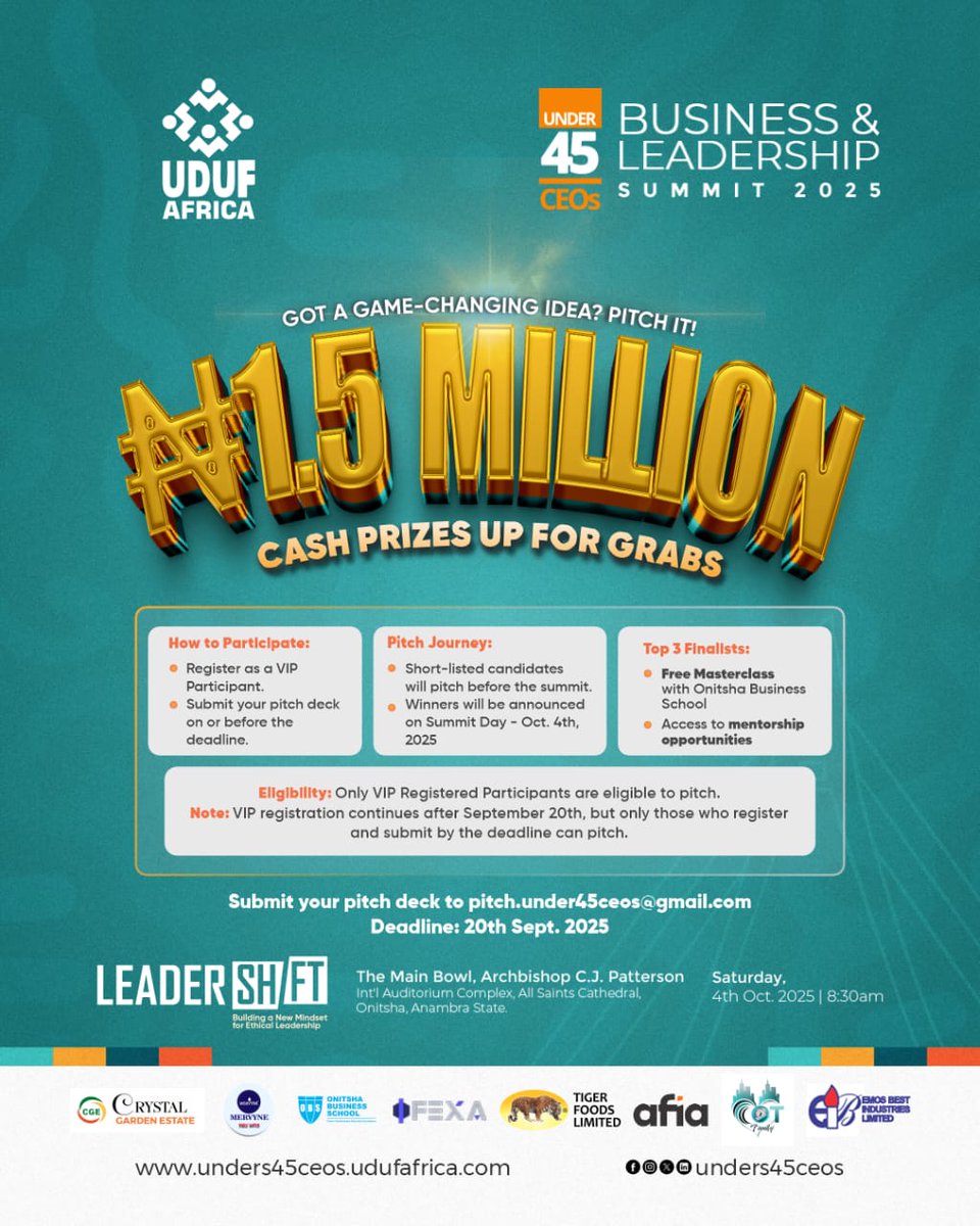 ⏰ Missed the first deadline?
You’ve just been given a second chance!

The ₦1.5 MILLION Pitch Competition at the Under 45 CEOs Business &amp; Leadership Summit 2025 has extended its submission date!