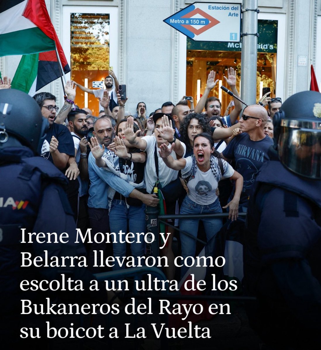 Irene Montero y
Belarra llevaron como escolta a un ultra de los Bukaneros del Rayo en su boicot a La Vuelta.
Que opináis ?
