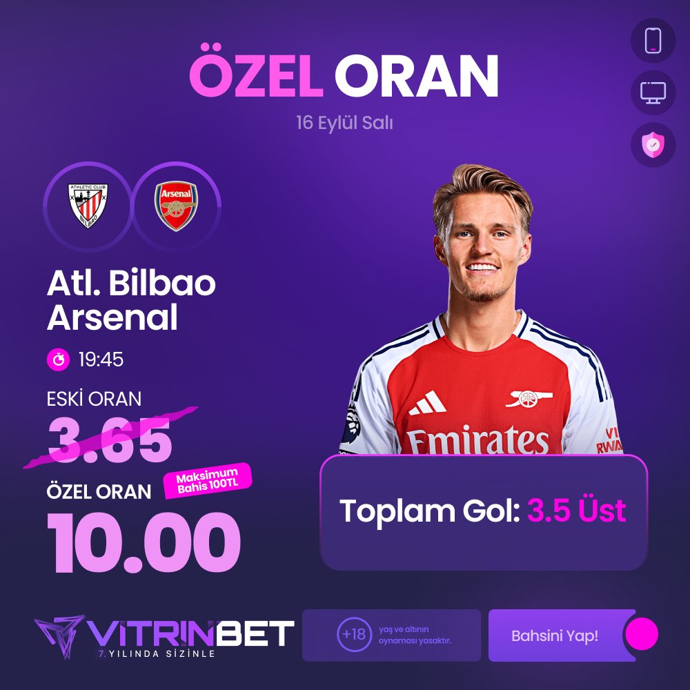 🔥 ÖZEL ORAN 🔥

⚽ Atl. Bilbao 🆚 Arsenal
📅 16 Eylül Salı • 🕒 19:45
🎯 Bahis Seçeneği: Toplam Gol 3.5 Üst
📉 Eski Oran: 3.65
💎 Yeni Oran: 10.00
💰 Maks. Bahis: 100 TL

⚡ Katılım için son 24 saatte minimum 500 TL yatırım şartı bulunur.
👉 Şimdi değerlendir! #Vitrinbet #Bahis