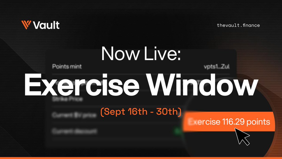 thevaultfinance's tweet image. The Season 1 Options Exercise Window is now open!

Users can exercise their $V call options at thevault.finance/exercise-tokens using their Season 1 Vault Points.

- 72.179469 VPTS1 = 1 $V at 0.00066 $vSOL
- Ensure you have $vSOL ready to exercise.

1/4
