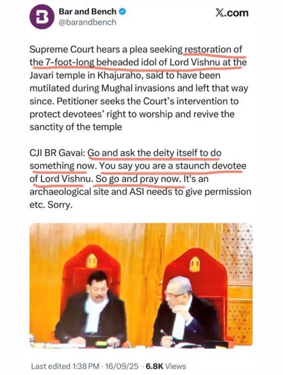 If the plea was about restoring a structure from any other religion, would the CJI have casually said: 

“Go and ask your deity, go and pray”?

Why is faith mocked only when it’s Hindu?

Justice must be blind, not biased.