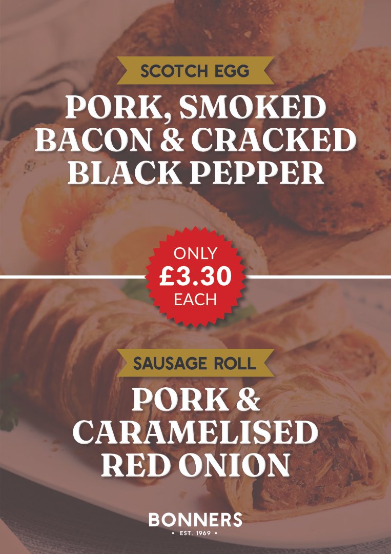 Your wonderful SCOTCH EGG and SAUSAGE ROLL this week.

SCOTCH EGG - Pork, Smoked Bacon &amp; Cracked Black Pepper - £3.30 each.
SAUSAGE ROLL - Pork &amp; Caramelised Red Onion - £3.30 each.

#bonnersofilminster #bonnersthebutchers #butchershop #ilminster #sausageroll #scotchegg