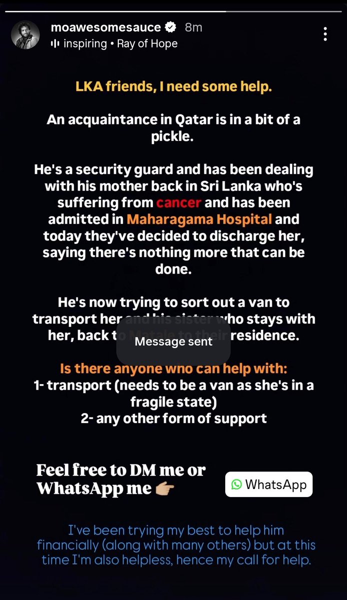 Peeps, if you can be of any assistance in sorting out a transport mode (van) a patient from the Maharagana cancer hospital to Matale, please contact <a href="/MoAwesomeSauce/">Muhammad Nasir</a> 🙏