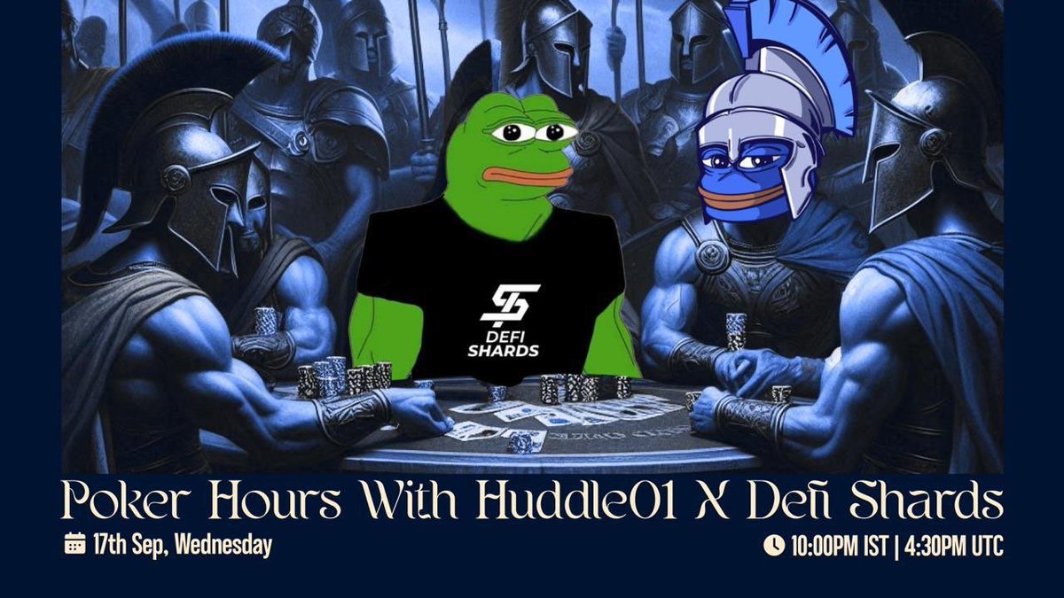 🎲 Poker Night with <a href="/DeFiShardsxyz/">DeFiShards (Jpeg/acc)</a> 🎲

We’re bringing our communities together for an epic poker night!

Win HPs, WLs and a hand from $100 price pool 💰

Rewards:
🥇 500 HPs + WL + $50
🥈 400 HPs + WL + $30
🥉 300 HPs + WL + $20
4th → WL + 200 HPs
5th → WL + 100 HPs
