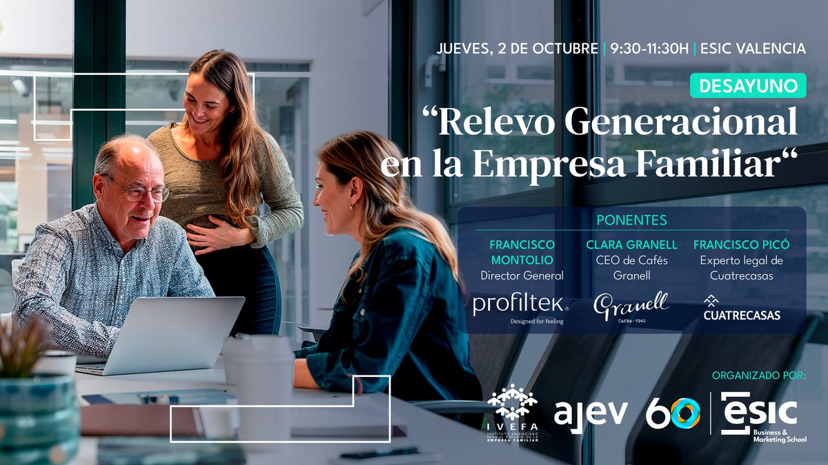 🌱 En Valencia, la empresa familiar es parte de nuestra historia y nuestro futuro.

El jueves 2 de octubre en #ESICComunidadValenciana hablaremos de relevo generacional con experiencias reales y una mirada al futuro.

Inscripciones👉 esic.edu/eventos/desayu…