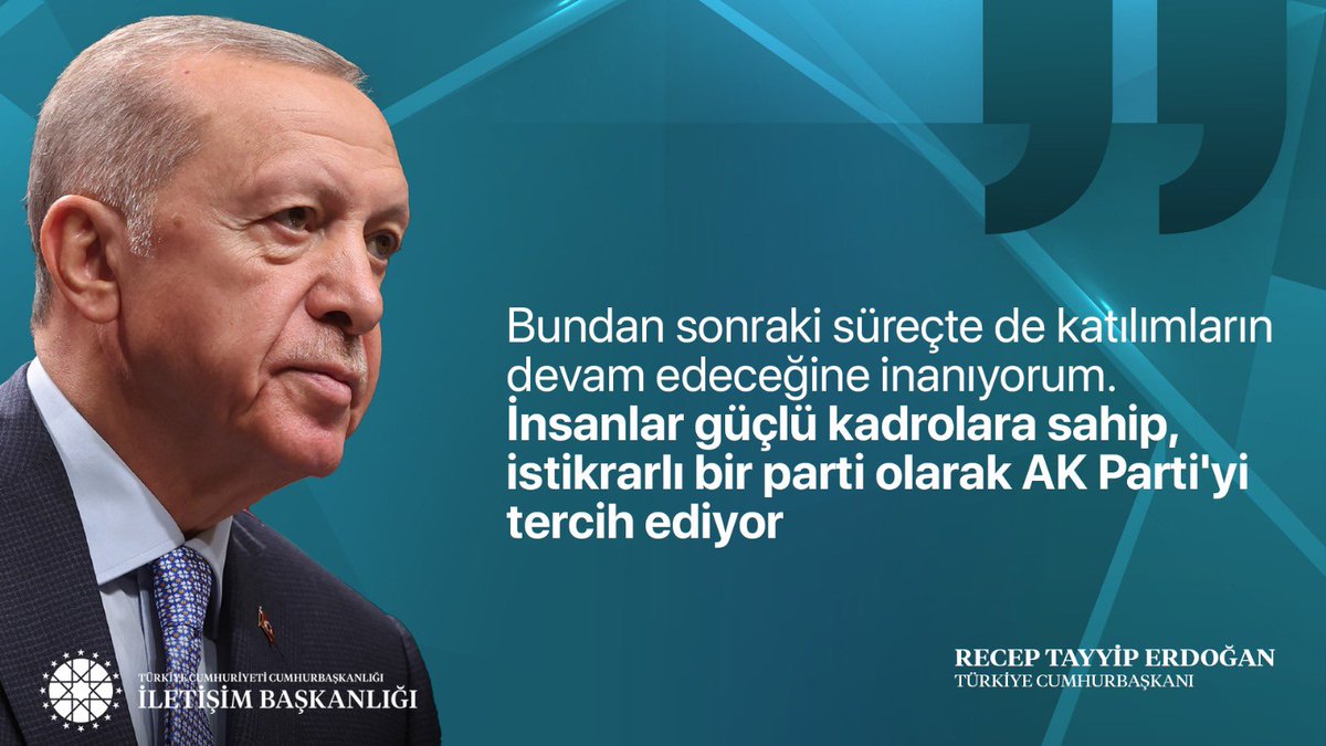 Cumhurbaşkanımız Recep Tayyip Erdoğan:

 "Bundan sonraki süreçte de katılımların devam edeceğine inanıyorum. İnsanlar güçlü kadrolara sahip, istikrarlı bir parti olarak AK Parti'yi tercih ediyor"

📍Katar Dönüşü Uçak Söyleşisi
