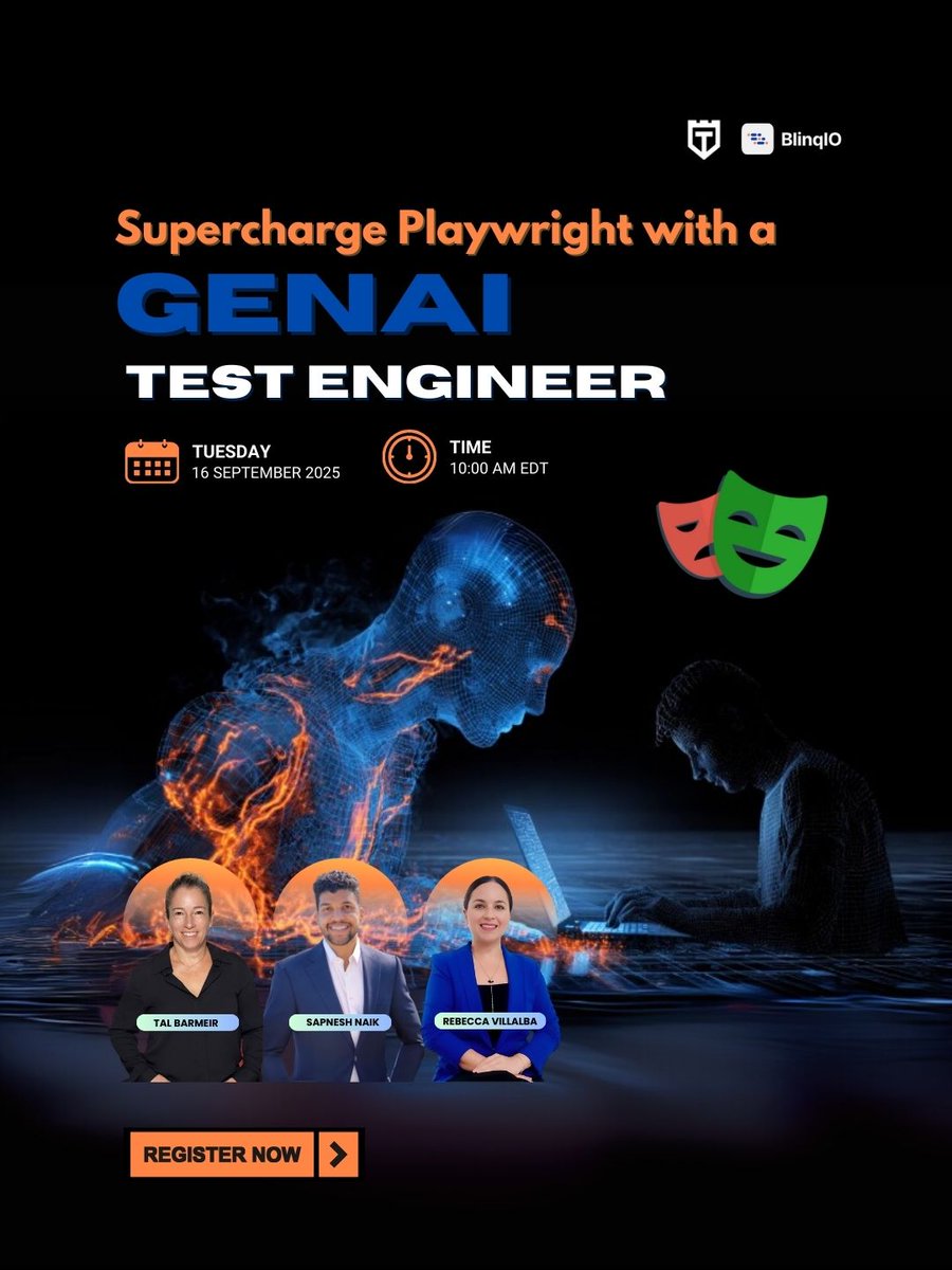🔔Starting soon: Keep #Playwright tests running without the constant fixes. See how #GenAI writes, maintains, and repairs scripts automatically. Register here. 👉testguild.com/webinar-superc… @talbarmeir <a href="/BlinqIo/">Blinq.io</a> #ttm #aitestengineer #multilingual #testing #TestGuildWebinar