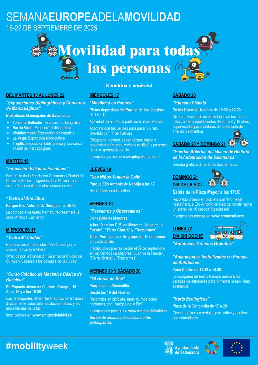 🗓️Del 16 al 22 sep. propuestas para todas las edades: Teatro, concursos, educación vial para escolares, consejos para las personas mayores, conferencias, rutas ciclistas y movilidad en patines.

🚍Y el día 22 sep, conmemoración del Día Mundial Sin Coches con bus urbano gratis.