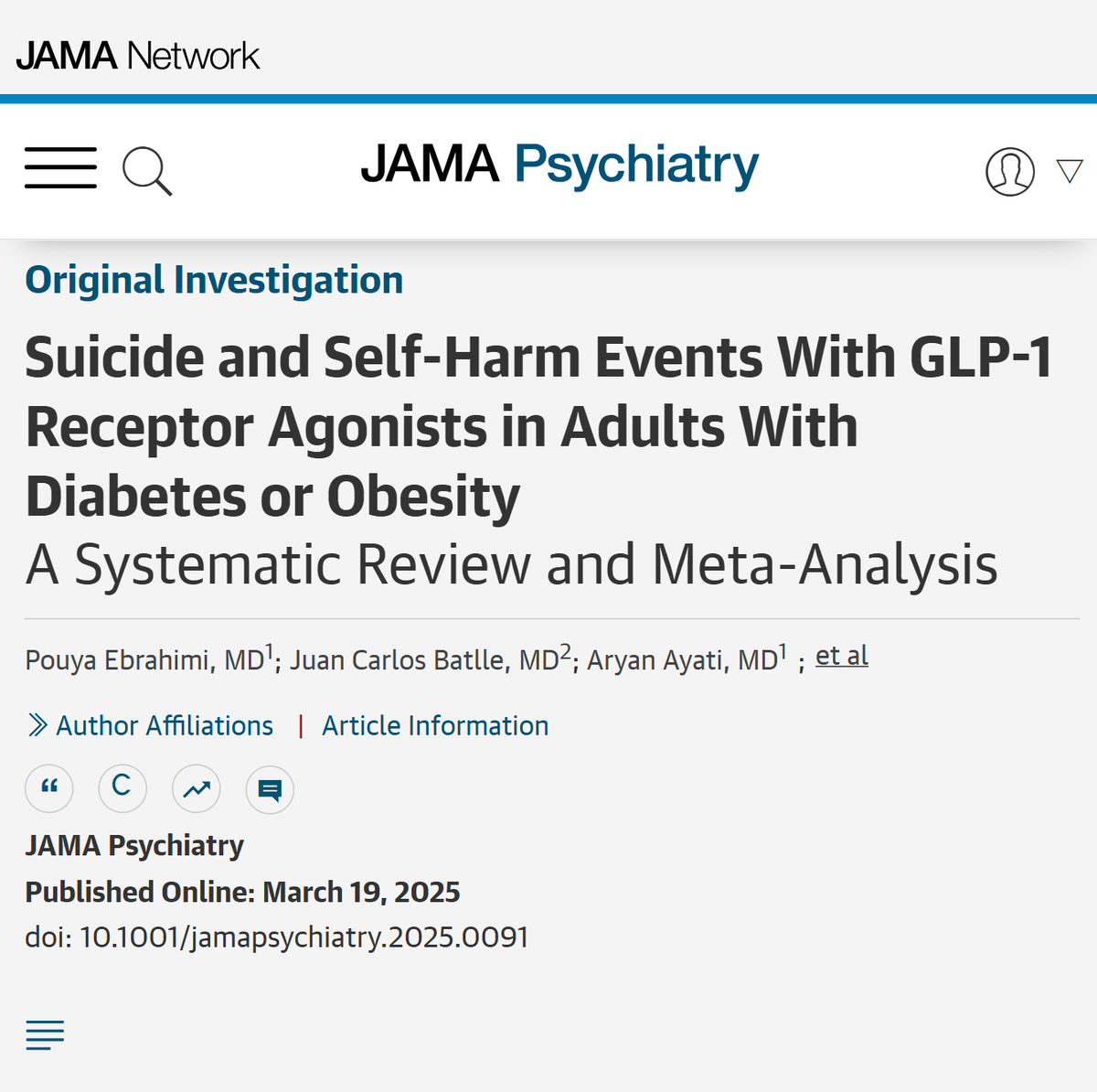 No increased risk of suicidal or self-harm behavior with #GLP1 RA use compared to placebo in adults with diabetes or obesity was found in this study, but ongoing monitoring is recommended. ja.ma/4g8yKeo