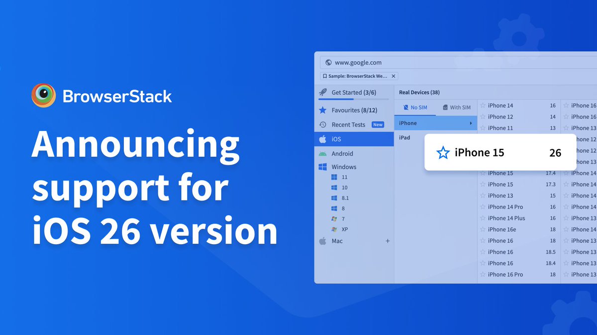 browserstack's tweet photo. π We are excited to share that iOS 26 is available for testing across all products on BrowserStack
Get instant access to real devices and ensure your webpages and apps are ready for the latest OS.
Start testing now π https://t.co/4IRBuDfF1M
#QualityAtSpeed #iOS26 #QualityAssurance