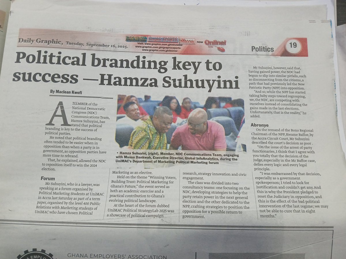 Political branding is key to success 
Grab today's edition of <a href="/Graphicgh/">DailyGraphic GraphicOnline</a> for details of Hamza Suhuyuni's words at the #UniMACPoliticalStrategyLab25