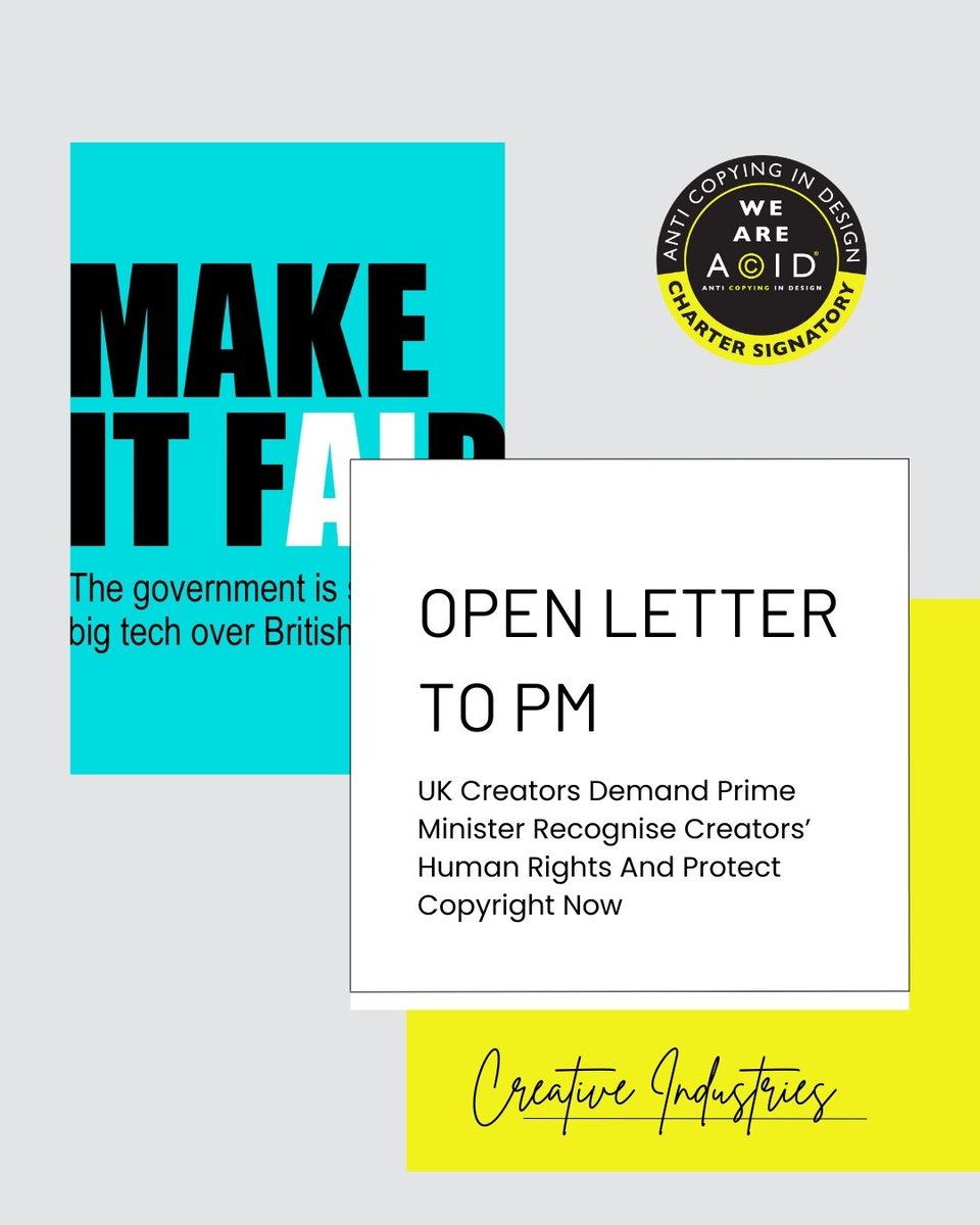 Over 70 UK creators – from McCartney &amp; Elton John to rising stars – demand the PM protect copyright as a human right. Big Tech AI must not steal our culture &amp; future. Govt must act now.

👉 Read the full press release: acid.uk.com/uk-creators-de…

#ACID #AntiCopyingInDesign
