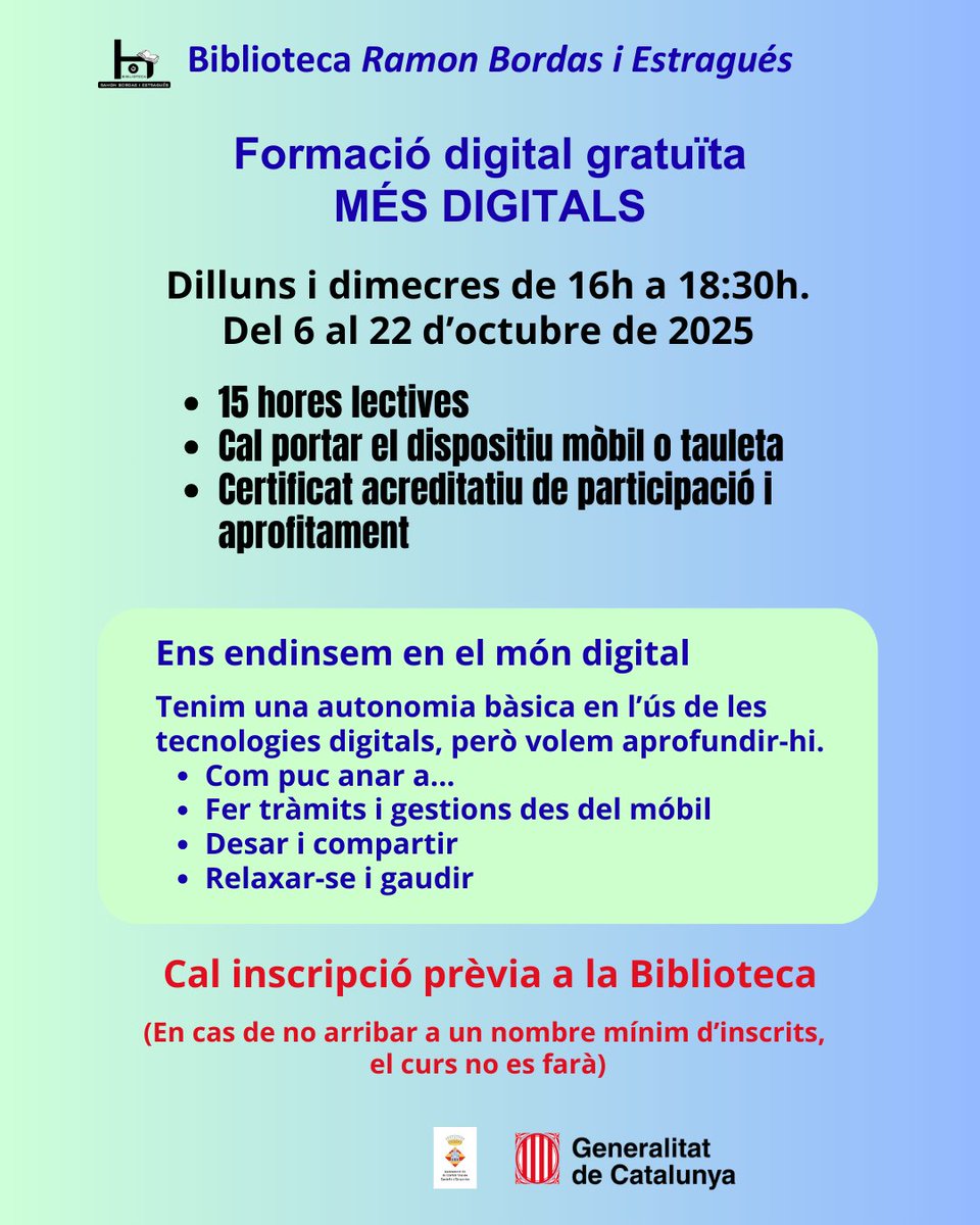 🖱 MÉS DIGITALS. Formació digital gratuïta.
📅 Dilluns i dimecres, del 6 al 22 d'octubre.
⏰ De 16 h a 18:30 h.
💻 Cal dur el dispositiu mòbil o la tauleta.
✍️ Inscripció prèvia a la biblioteca.

#bibliocastello <a href="/bibgirona/">Servei Biblioteques</a> <a href="/bibliotequescat/">Biblioteques</a> <a href="/Emp_Castello/">Empuriabrava i Castelló d'Empúries</a> <a href="/Castello_Emp/">Aj Castelló d’Empúries</a>