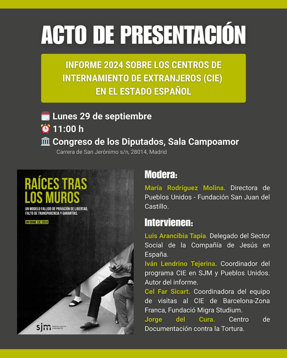 📗Presentamos 'Raíces tras los Muros', nuestro informe anual sobre la situación de los #CIE en el Estado español.

🗓️29 de septiembre⏰11:00h
🏛️Sala Campoamor, Congreso de los Diputados
📍Para acudir presencialmente:  bit.ly/inscripcionesC…

💻Streaming: bit.ly/sjmcie2024cong…