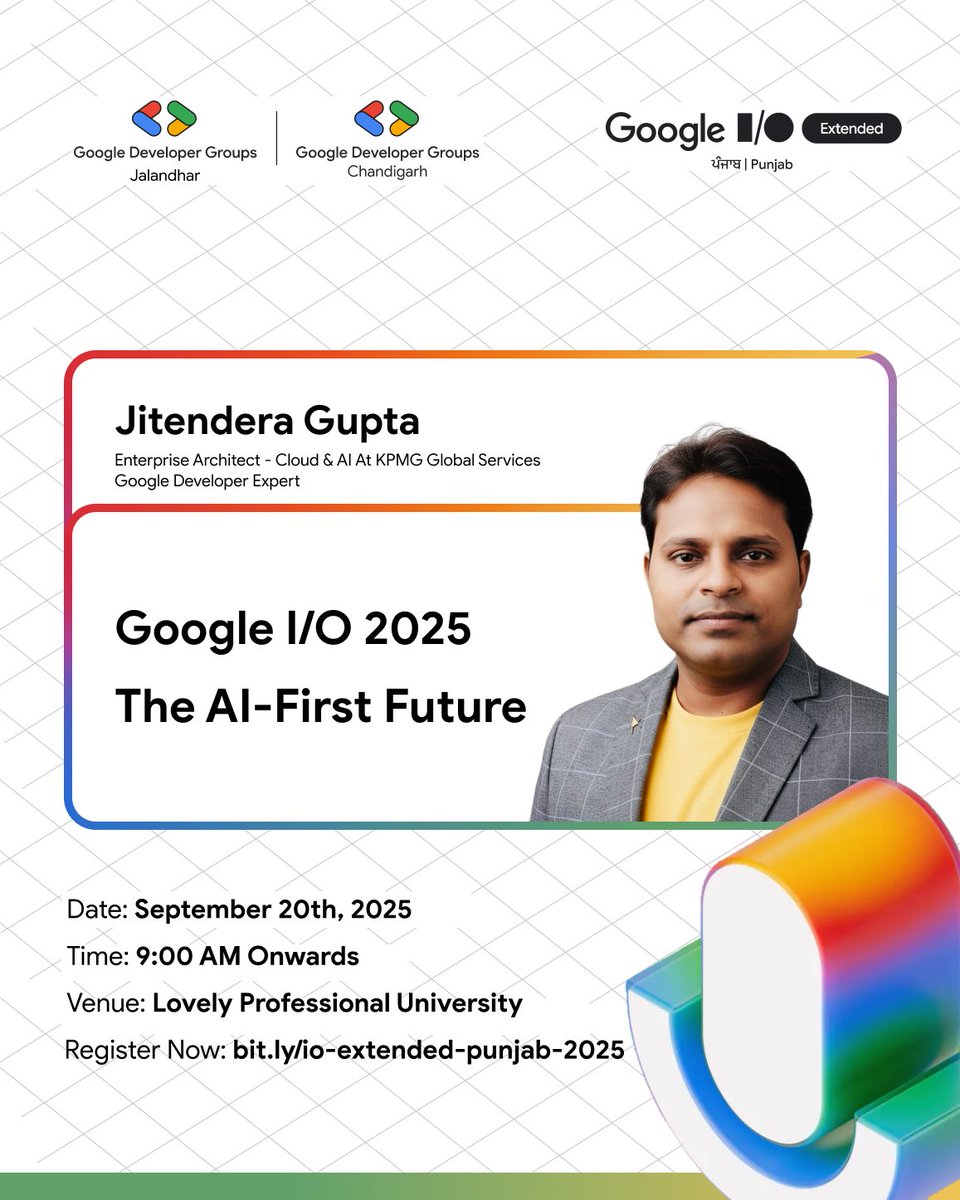 GDGJalandhar's tweet photo. AI isn’t here to replace you—it’s here to upgrade you. 😉
Hear it from Jitendera Gupta (KPMG, GDE) at #GoogleIOExtended Punjab!
📅 Sept 20 @ LPU | 📝 https://t.co/ELBElb5CXX
#GDGJalandhar #GDGChandigarh #AI #PunjabTech https://t.co/iKSrkC1WNv