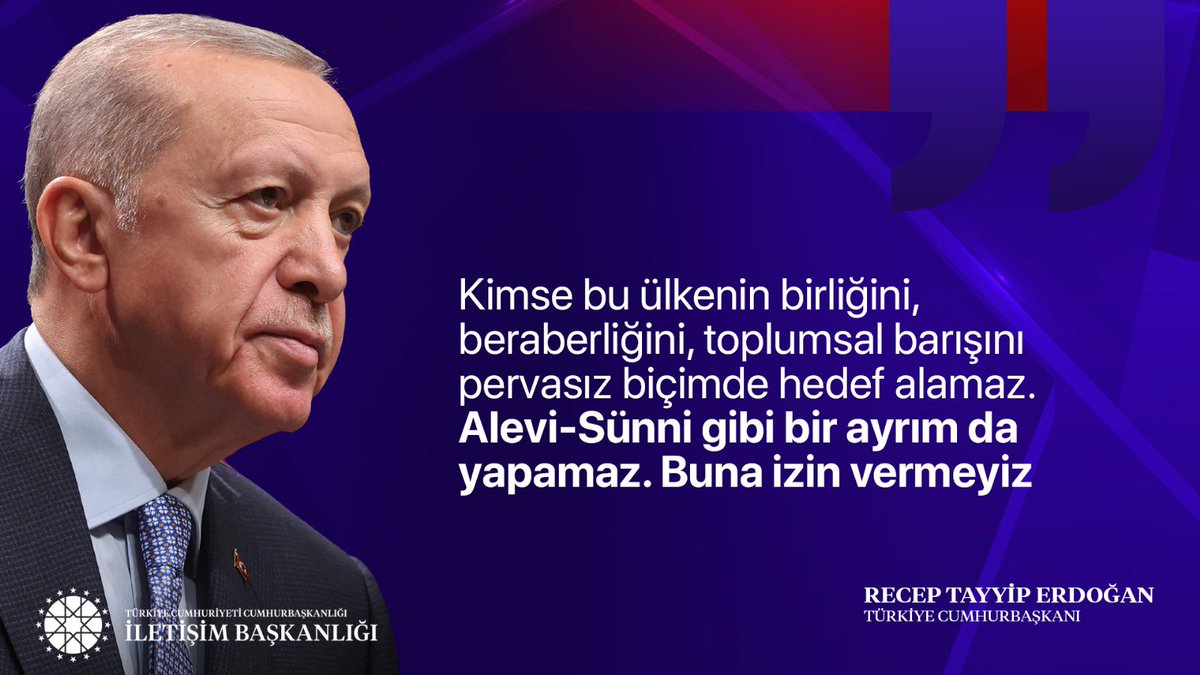 Cumhurbaşkanımız Recep Tayyip Erdoğan:

"Kimse bu ülkenin birliğini, beraberliğini, toplumsal barışını pervasız biçimde hedef alamaz. Alevi-Sünni gibi bir ayrım da yapamaz. Buna izin vermeyiz"

📍Katar Dönüşü Uçak Söyleşisi
