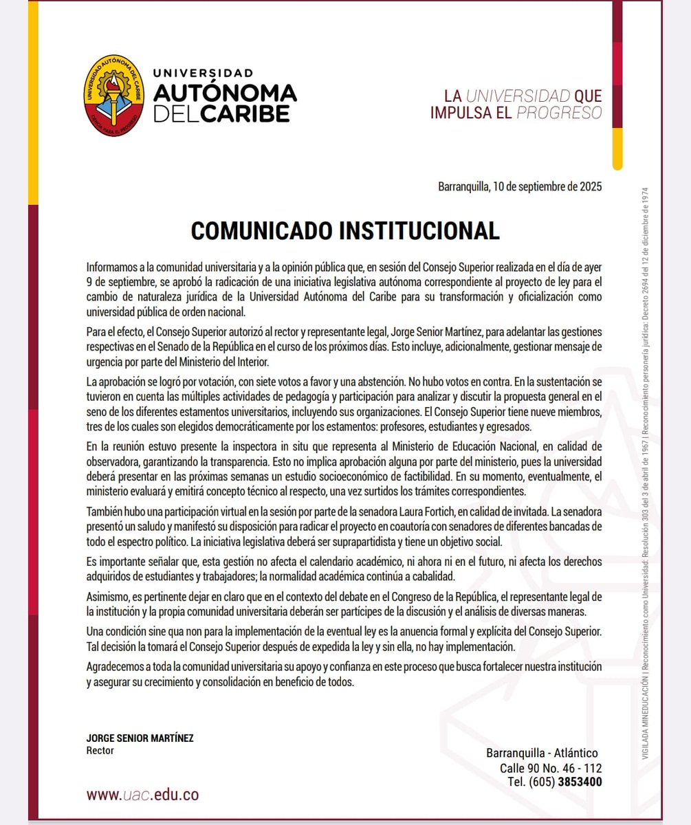 JorgeSeniorUac's tweet photo. Seguimos avanzando con tranquilidad  y apoyo mayoritario hacia el cambio de naturaleza jurídica de la Universidad Autónoma del Caribe. 
Ciencia para el progreso.🇨🇴
@petrogustavo
Sigue el estudio de factibilidad @DanielRMed @ricardomorenoII @HOLLMANMORRIS @RTVCnoticias https://t.co/q42AemEnNy