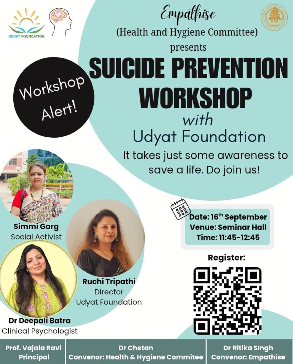 Empathise, The Mental Health Society will conduct a workshop on "Suicide Prevention" on 16th September 2025 in the Seminar Hall.