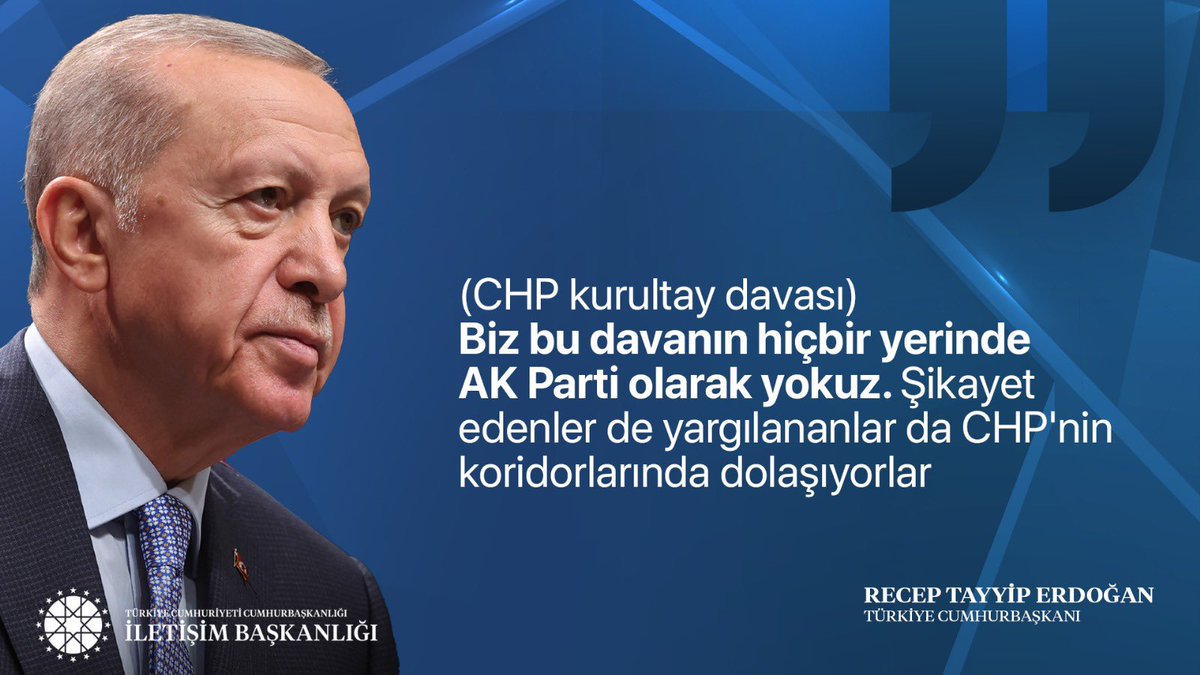 Cumhurbaşkanımız Recep Tayyip Erdoğan:

"(CHP kurultay davası) Biz bu davanın hiçbir yerinde AK Parti olarak yokuz. Şikayet edenler de yargılananlar da CHP'nin koridorlarında dolaşıyorlar"

📍Katar Dönüşü Uçak Söyleşisi