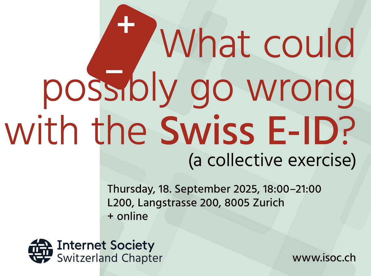 Monica Amgwerd (@monica_amgwerd) on Twitter photo Das NEIN zum E-ID-Gesetz wächst weiter 👉 Auch die Internet Society <a href="/ISOCSwitzerland/">Internet Society CH</a> stellt sich gegen das riskante Gesetz, zeigt dessen Risiken auf und macht aufmerksam auf die berechtigten Sorgen der Bevölkerung.
Besucht diesen Anlass am 18. September 2025 im L200, einem der Das NEIN zum E-ID-Gesetz wächst weiter 👉 Auch die Internet Society <a href="/ISOCSwitzerland/">Internet Society CH</a> stellt sich gegen das riskante Gesetz, zeigt dessen Risiken auf und macht aufmerksam auf die berechtigten Sorgen der Bevölkerung.
Besucht diesen Anlass am 18. September 2025 im L200, einem der
