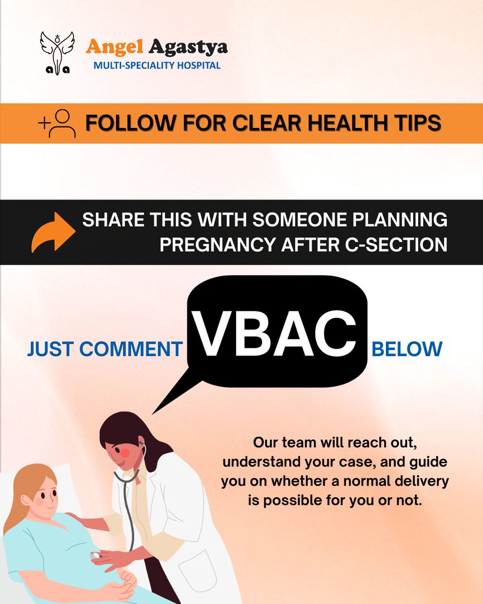 angelagastya4u's tweet image. VBAC (normal delivery after C-section) is possible in many cases. We are sharing important information so It can help clear doubts and guide many moms-to-be.
👉 Comment “VBAC” our team will guide!

#VBAC #NormalDelivery #CSectionRecovery #AngelAgastyaHospital #DrKalpanaAggarwal
