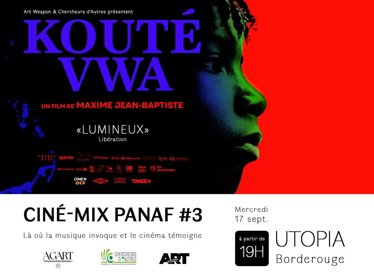 Demain soir, 17/09 à 19h à l'Utopia Borderouge !

19h : Warn-up musical proposé par Jacques de Art Weapon
20h : Performance de tambouyens
Projection du film"Kouté Vwa", en présence de  Nicole Diomar, protagoniste du film, ainsi qu’Yvane Goua, de l’association TRÓP VIOLANS.