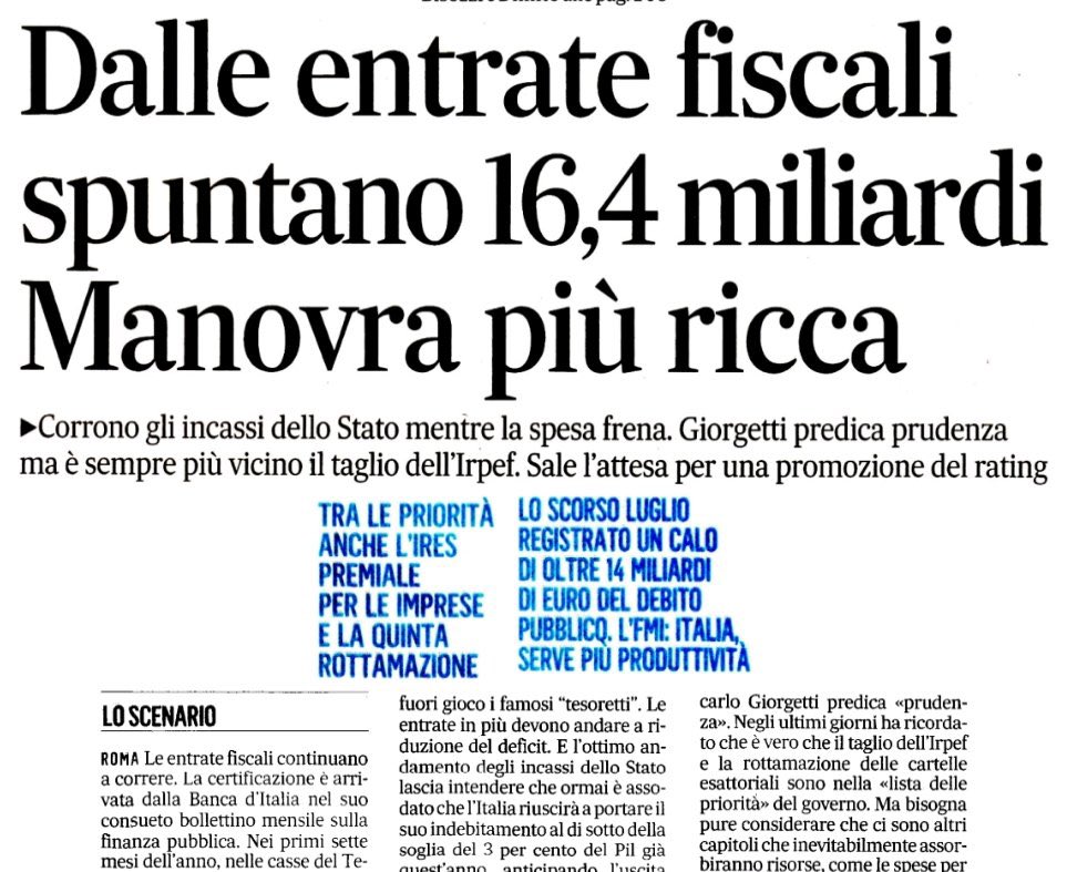È talmente elevata l’ignoranza generale in macroeconomia che questa appare ai più una bella notizia.

Mi spiace deludervi. Se il gettito sale e la spesa scende significa che vi stanno sfilando il denaro dalle tasche.

Vi arricchirebbero solo se la spesa aumentasse e le entrate