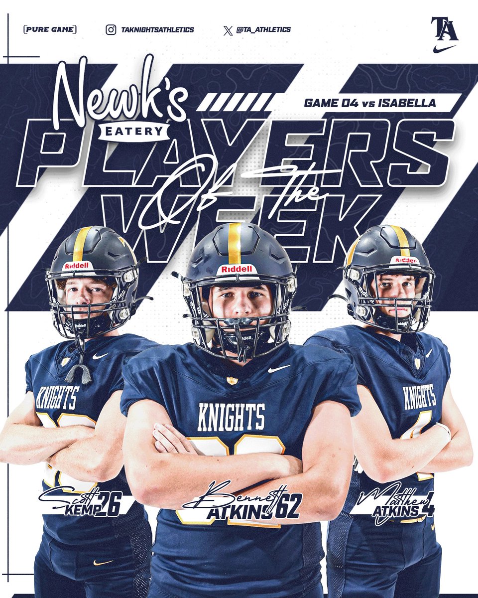 🏈 𝙏𝘼 𝙆𝙉𝙄𝙂𝙃𝙏𝙎 𝙋𝙇𝘼𝙔𝙀𝙍𝙎 𝙊𝙁 𝙏𝙃𝙀 𝙒𝙀𝙀𝙆 🏈
#GAMEFOUR NEWKS TUSCALOOSA POTW
▪️Matthew Atkins
▪️Scott Kemp
▪️Bennett Atkins
#TuscaloosaAcademy #RTGK