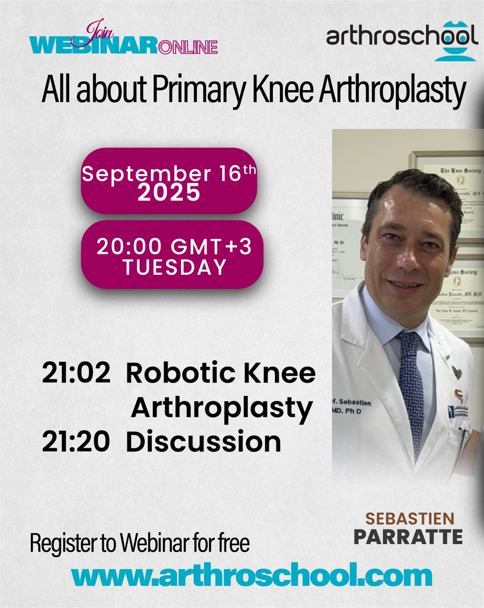 arthroschool's tweet photo. Join us today for a free webinar on Primary Knee Arthroplasty with esteemed faculty, Dr. Sebastien Parratte!

Discover the latest in Robotic Knee Arthroplasty and participate in a live discussion. The session starts at 20:00 GMT+3

Register for free at https://t.co/j1FWrAKIRs. https://t.co/roLPcOu5ke