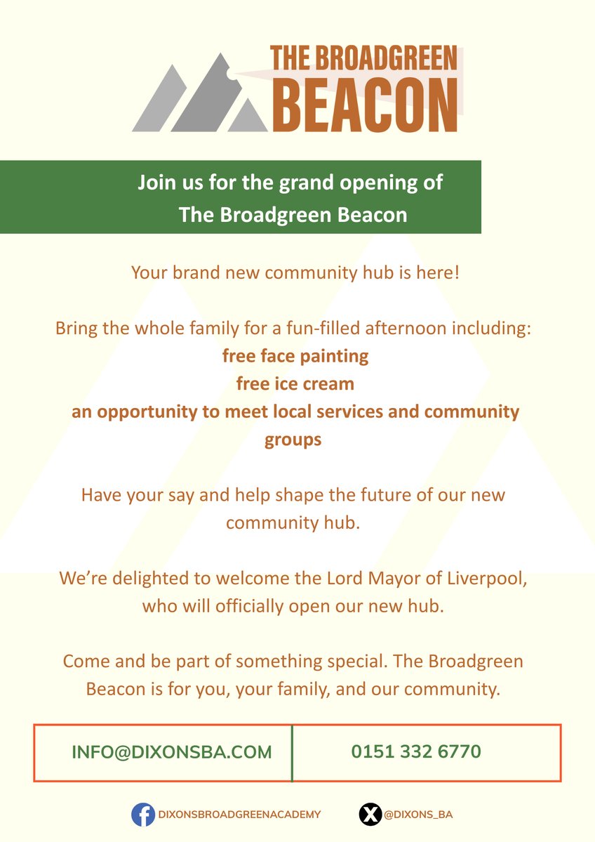 📢THE BROADGREEN BEACON 📢
Join us on Thursday 25th of September from 4:30pm for the exciting opening of our new community hub by the Lord Mayor of Liverpool! 🤩
🎨Free face painting
🍦Free ice cream
🌟Meet local services and community groups
