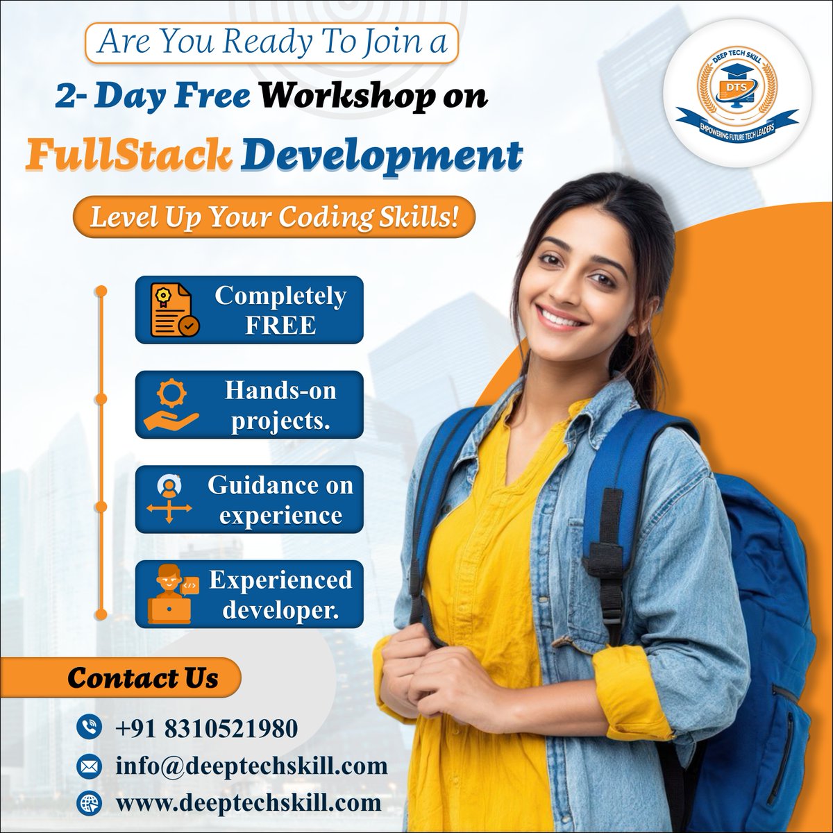 DeepTechSkill's tweet image. 🚀 2-Day Free Workshop on Fullstack Development
✨ What you’ll get:
✅ Completely Free Training
✅ Real-Time Projects
✅ Guidance from Experienced Developers
✅ Certificate of Participation
📢 Don’t miss this golden chance
👉 Register Now
📞 083105 21980