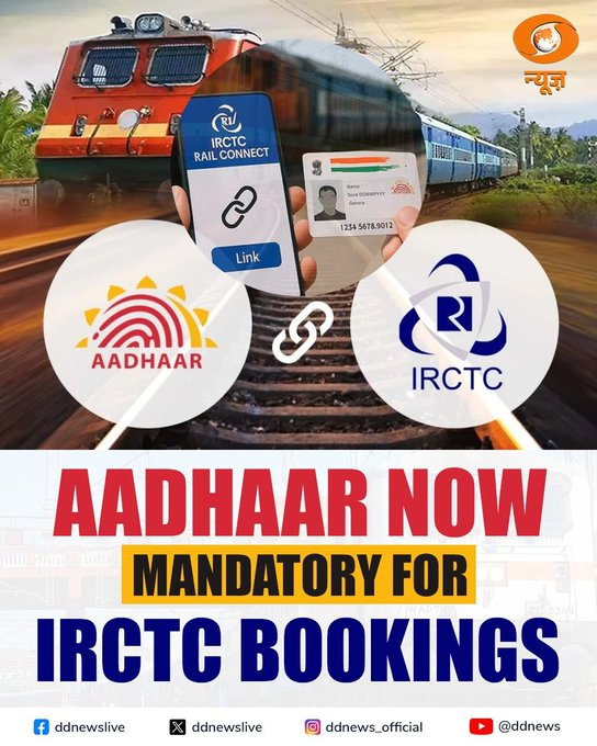 DDNewsMalayalam's tweet image. 2025 ഒക്ടോബർ 1 മുതൽ, ഐആർസിടിസി വെബ്‌സൈറ്റ്, ആപ്പ് എന്നിവ വഴി ജനറൽ റിസർവ്ഡ് ടിക്കറ്റുകൾക്കുള്ള ഓൺലൈൻ ബുക്കിങ്ങിന്റെ ആദ്യ 15 മിനിറ്റിൽ ആധാർ വെരിഫിക്കേഷൻ നിർബന്ധമാക്കും 
@MIB_India
@PIB_India

#IRCTC #AadhaarAuthentication #IndianRailways
