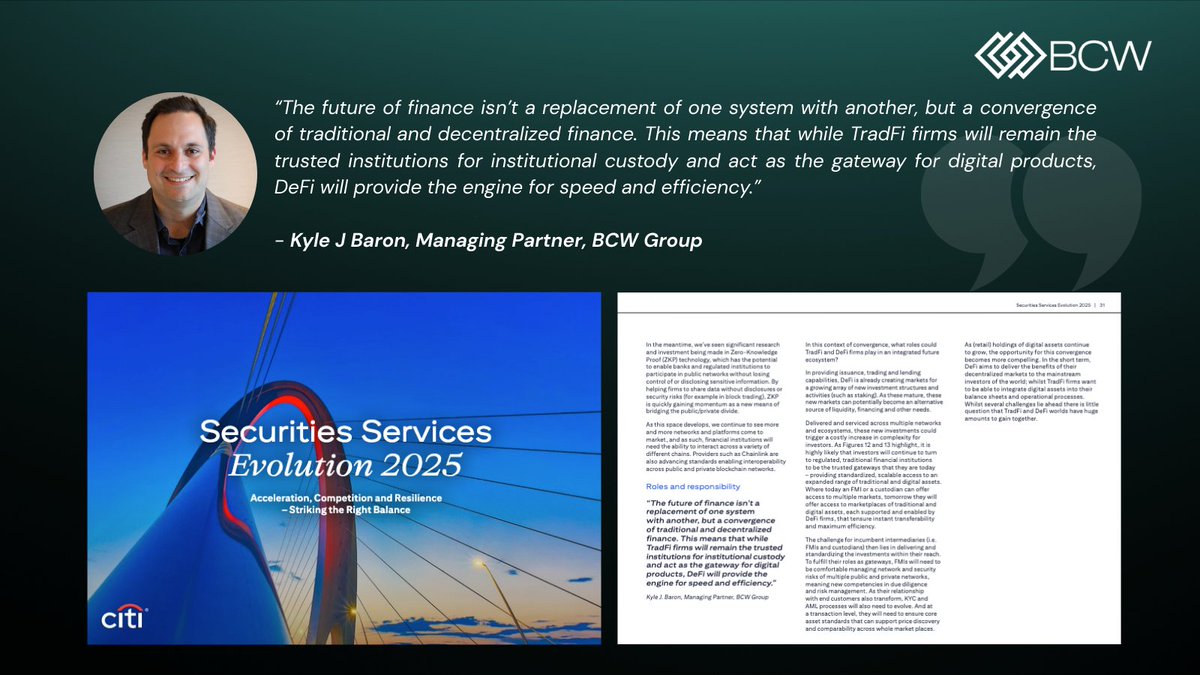 "The future of finance isn’t a replacement of one system with another, but a convergence of traditional and decentralized finance." 🧵 (1/4)

This key insight is shared by our Managing Partner, Kyle J. Baron, in the new <a href="/Citi/">Citi</a> report. We explore what this means for the industry in