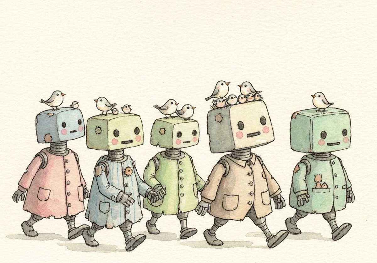 CBMArtist's tweet image. **Birds in the Gears**
Time for a gentle experiment. What if nature found a home in our gears? A small, hopeful vision of symbiosis.

#AIArt #Watercolor #CuteRobot #Symbiosis #CBmAIArt