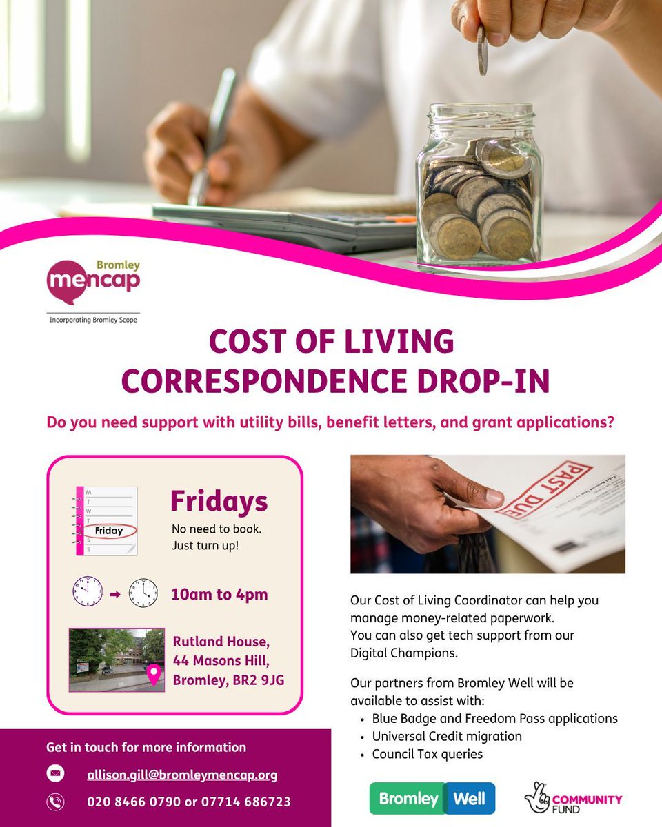 Our Cost of Living Drop-in runs every Friday with support from <a href="/BromleyWell/">Bromley Well</a>!

📍 Bromley Mencap Office, Rutland House, BR2 9JG
🕙 10am–12pm &amp; 1pm–3pm

Email allison.gill@bromleymencap.org for more info.