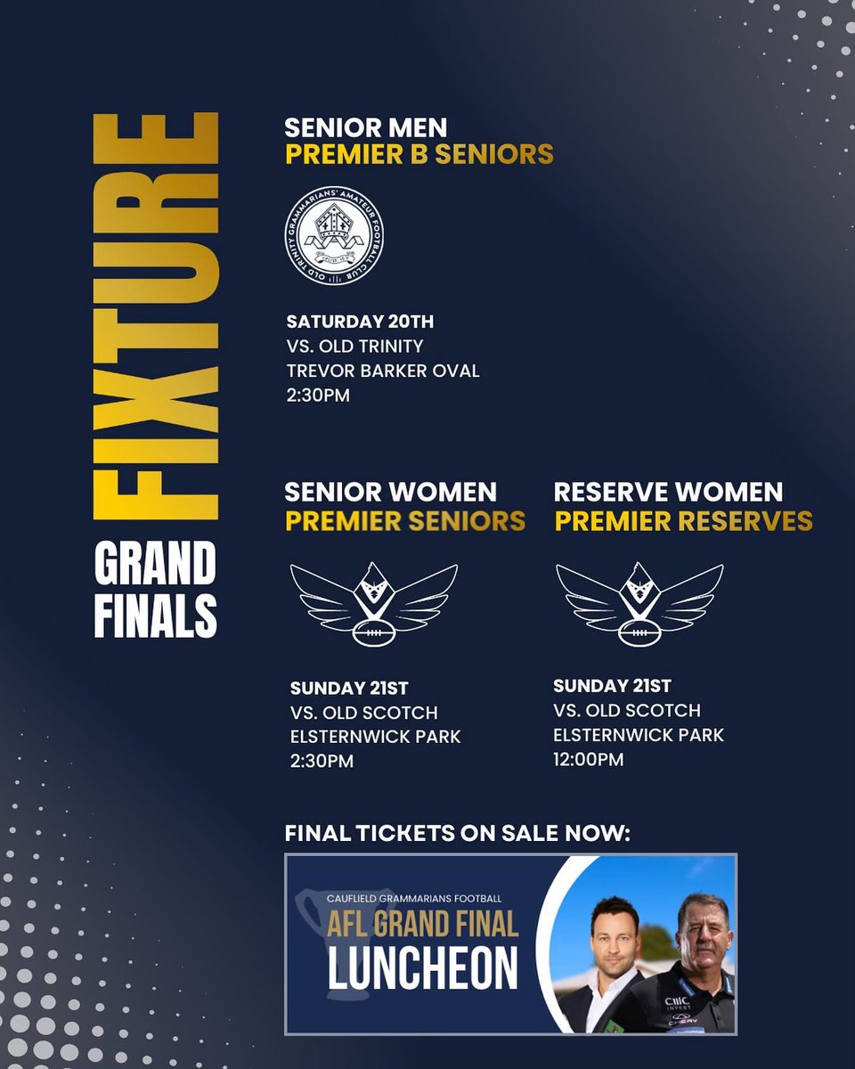 GRAND FINAL WEEKEND 💙🤍

Get along in your blue and white and cheer the Fields.

SATURDAY 20th:
2:30pm Mens Seniors v Old Trinity
📍Trevor Barker Oval

SUNDAY 21st:
12:00pm Women’s Reserves v Old Scotch
2:30pm Women’s Seniors v Old Scotch
📍Elsternwick Park