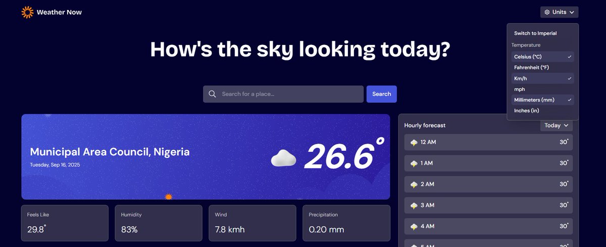 Bensaxxy11's tweet image. still on Day 5 of the 30-day hackathon by
@frontendmentor
implemented the Switch between specific temperature units (Celsius and Fahrenheit) and measurement units for wind speed (km/h and mph) and precipitation (millimeters) via the units dropdown

 #FM30Hackathon #WebDevelopment