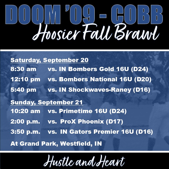 We are back at it for six games this weekend at the Hoosier Fall Brawl at Grand Park in Westfield, IN.