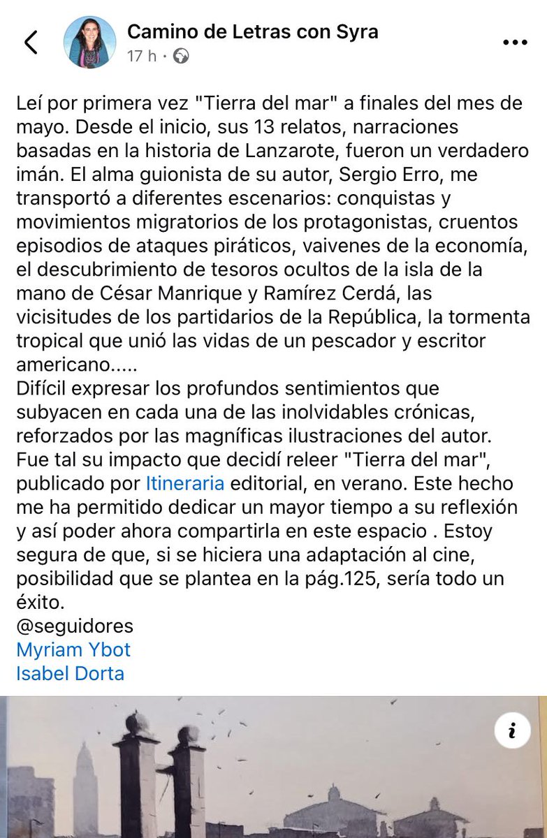 Preciosa reseña de Syra Jiménez-Pajarero sobre el libro «Tierra del mar» de Sergio Erro.

Nos ha emocionado leerla completa 👉 aquí camino-syra.blogspot.com/2025/09/tierra…
y saber que recomendarás esta lectura a tus alumnos y alumnas. ❤️
¡Gracias de todo corazón!