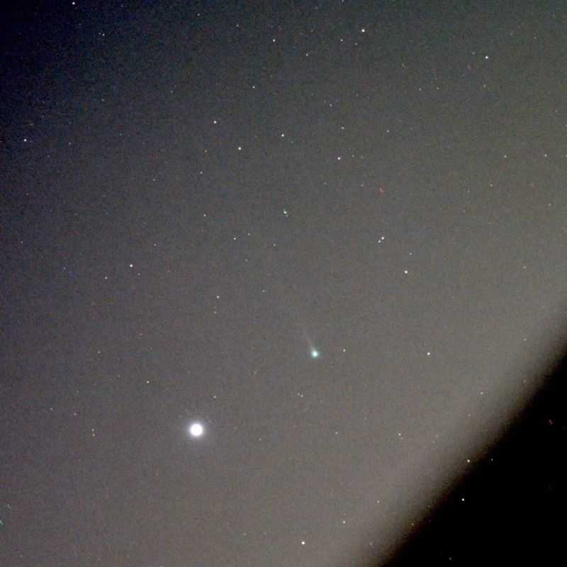 Comet C/2025 R2 (ATLAS) imaged near the bright star Spica during evening twilight. This unprocessed telescopic image was taken about 1 hour ago between clouds, powerlines and satellites. Will try again tomorrow night from a darker site. 🔭
#stargazing #comet