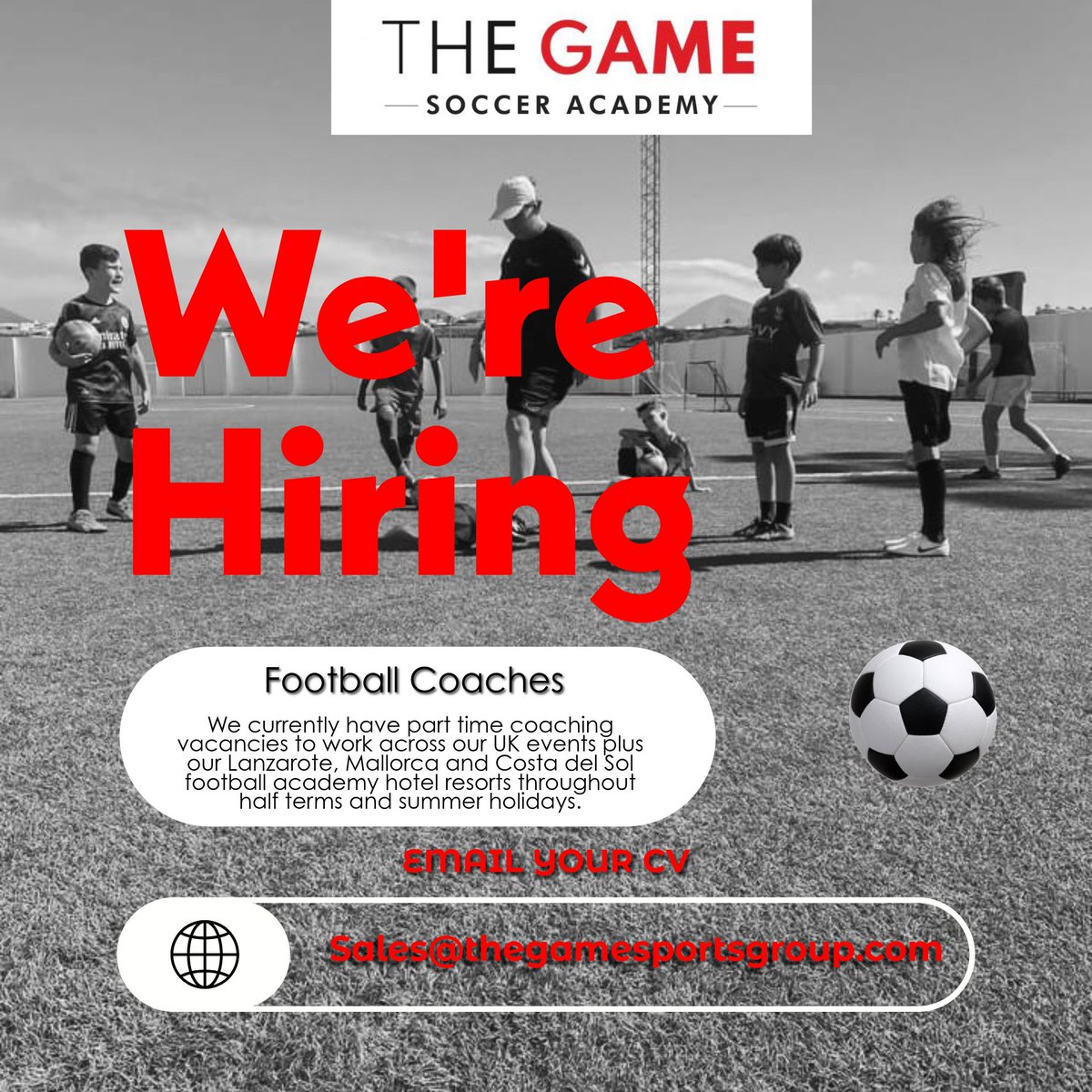 GameEliteAcad's tweet image. We are looking for casual football coaches to work this October Half Term throughout Lanzarote. 

Must have a minimum Level 1 coaching badge and experience working within soccer camps. 

Email CV and Covering Letter 👇🏻

📧 sales@thegamesportsgroup.com