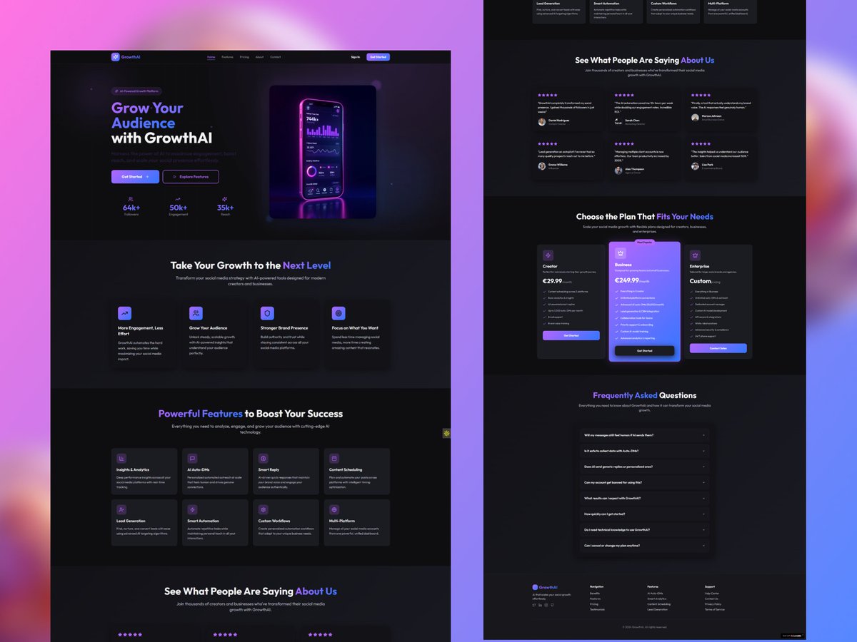 Mrbill__UIUX's tweet image. Growth AI a forward thinking landing page design that blends strategy with sleek visuals, built to inspire trust and accelerate digital growth.