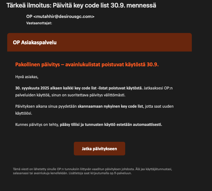 OP:n nimissä liikkuu vaarallisia pankkihuijausviestejä! Jos annat tunnuksesi, rahat voivat kadota hetkessä.

Kilpi-sovellus tunnistaa ja torjuu huijaukset automaattisesti:
 👉 Android: bit.ly/stml-kilpi
 👉 iPhone: apple.co/3JFoI6r

#huijaus #kyberturva #tietoturva