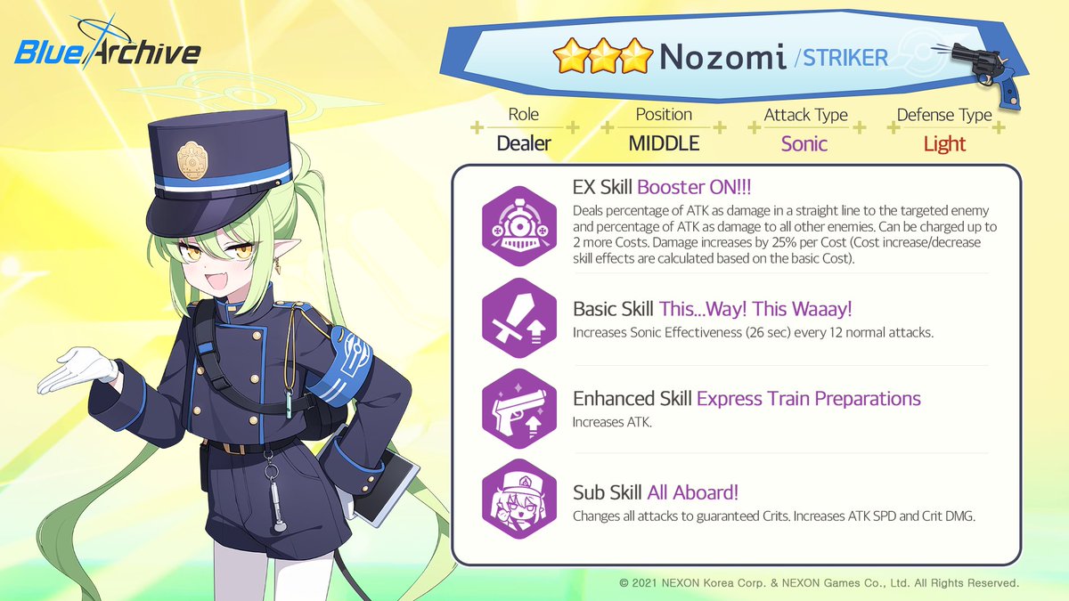 [Unique Pick-Up Recruitment Preview]

A New Unique Pick-Up Recruitment will begin on 9/23 (Tue)!

💌Pick-Up Student: 3★ Nozomi
🗓️Pick-Up Recruitment Schedule: 9/23 (Tue) After Maintenance – 10/7 (Tue) 1:59 AM (UTC)

#BlueArchive