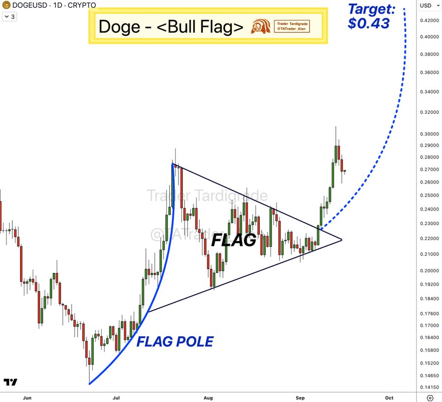 A chart displaying Dogecoin price movements over time, marked with a bull flag pattern. A blue dashed line indicates a price target of $0.43. The chart includes candlestick formations, a triangular bull flag, and a blue line labeled "FLAG POLE." Text overlays include "DogeUSD-1D CRYPTO," "Doge - Bull Flag," and "Target: $0.43." A watermark from TradingView is present.