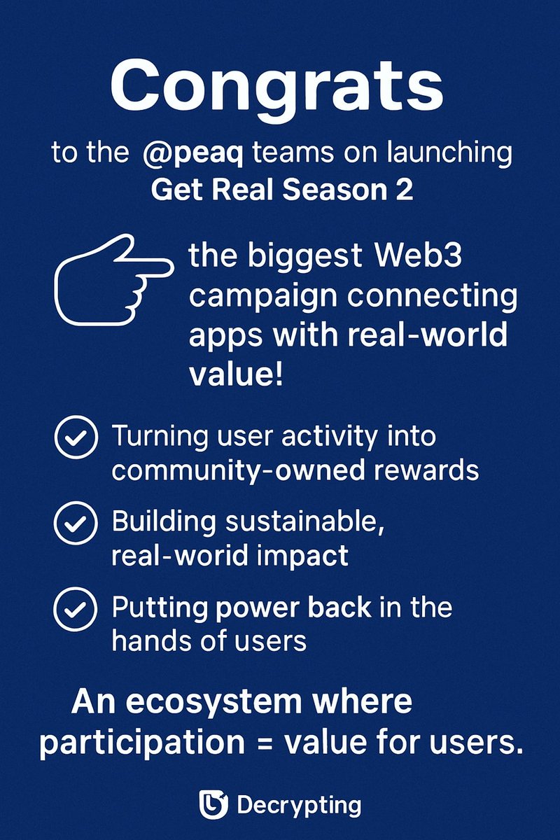 Congrats to <a href="/peaq/">peaq</a> on launching Get Real S2 – connecting Web3 apps with real-world value at scale. 👏

At <a href="/Decrypting_xyz/">Decrypting</a>, we align with this mission:
• Rewarding user activity
• Creating sustainable, real-world impact
• Empowering communities
