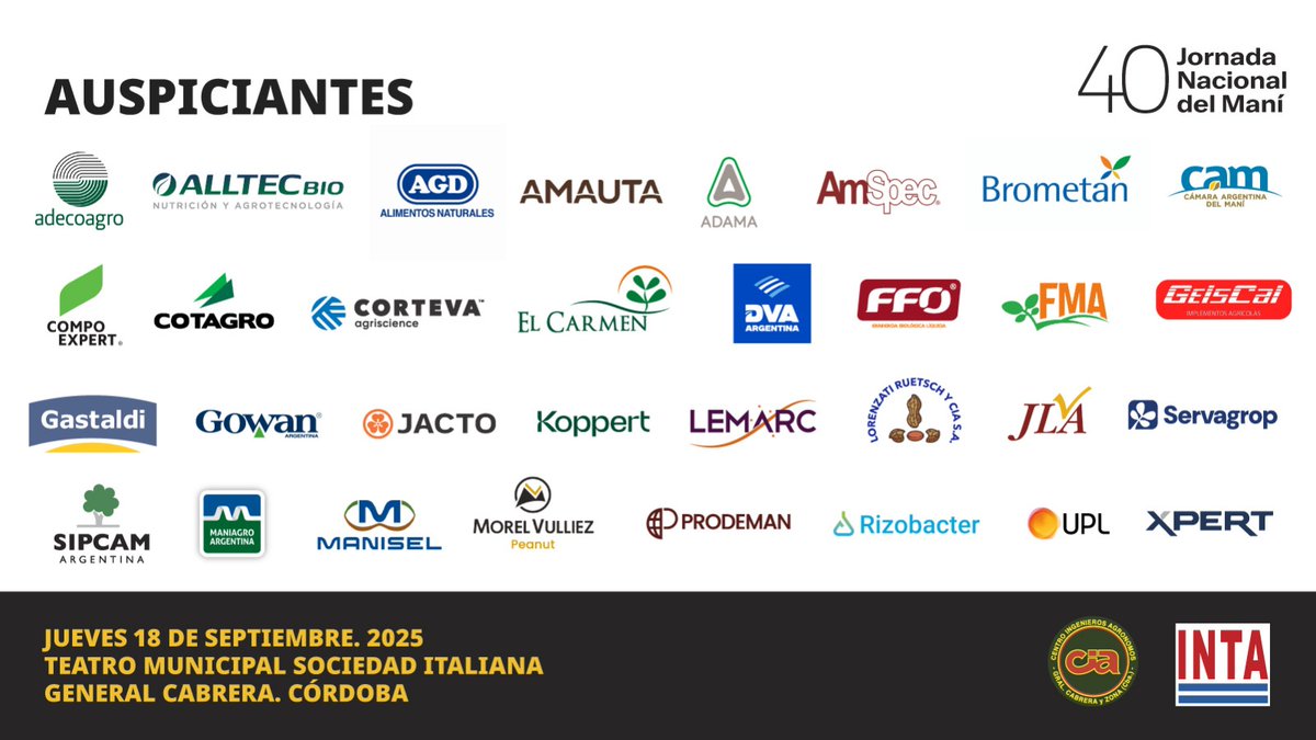Agradecemos a las empresas e instituciones que auspician la 40° JNM 🥜
📅 18 de Septiembre 2025, en General Cabrera, Córdoba.

Faltan 2 días!
<a href="/IntaGralCabrera/">INTA General Cabrera</a>  <a href="/CIAgralcabrera/">Centro de Ingenieros Agrónomos</a>