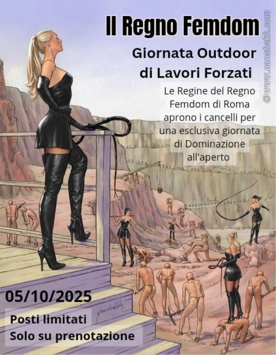 Sono aperte le prenotazioni, solo 10 slave!

📅 5/10/2025 dalle 11 alle 16
📍 secret location, Roma 
📩 regnofemdom@gmail.com

Info e prenotazioni

Ed ora, scatenate l'inferno!