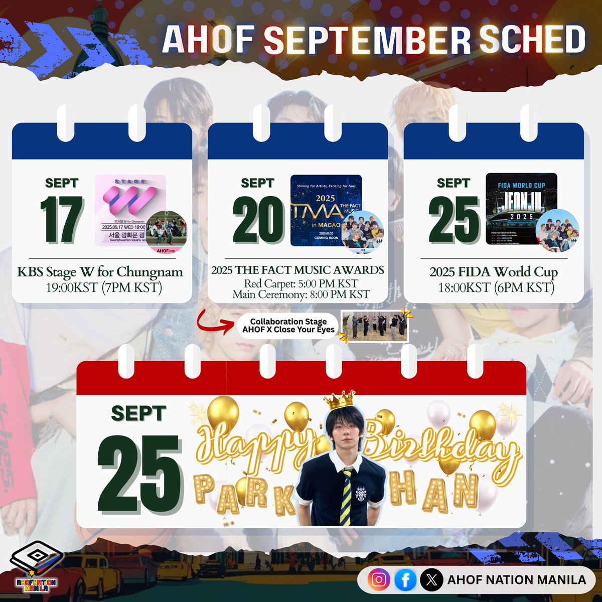 🗒️September with AHOF – Official Schedules &amp; Events 💫

Here are the confirmed events &amp; activities lined up this month!

(Subject to additional schedules and announcements)

Stay tuned &amp; let’s continue showing our love and support for AHOF this September! 🌟

#아홉 #AHOF