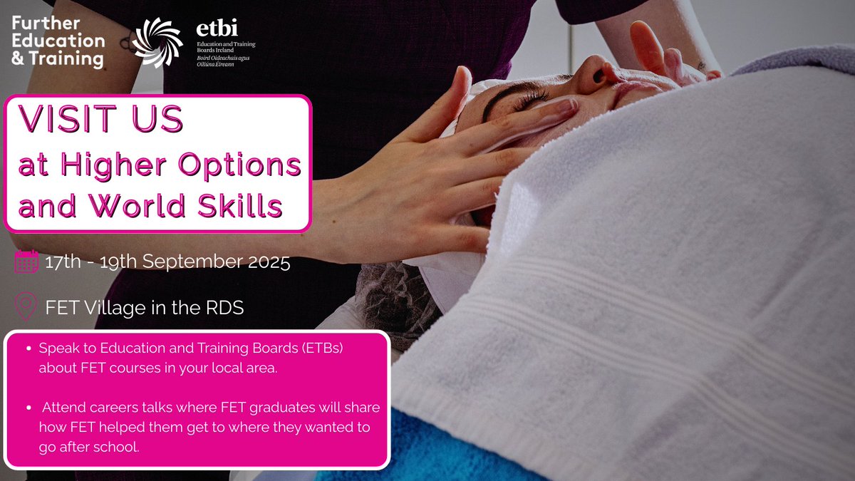 thisisFET (@thisisfet) on Twitter photo 1️⃣ more day to go for Higher Options and World Skills Ireland in the RDS.
Visit the FET village to chat to our team and 16 Education & Training Boards (ETBs) about how Further Education and Training (FET) can lead you to your dream career after school. 1️⃣ more day to go for Higher Options and World Skills Ireland in the RDS.
Visit the FET village to chat to our team and 16 Education & Training Boards (ETBs) about how Further Education and Training (FET) can lead you to your dream career after school.